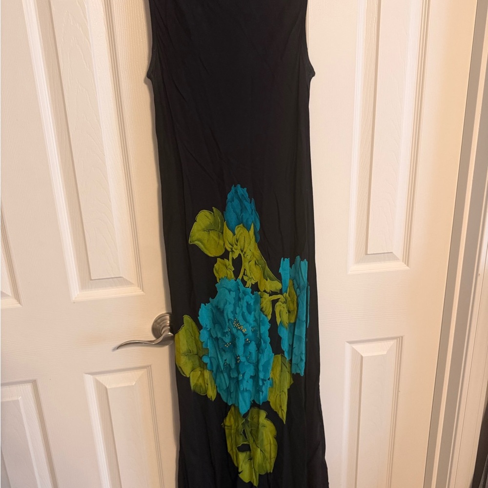 Carole Little Black Maxi Dress with Blue and Green Floral Design